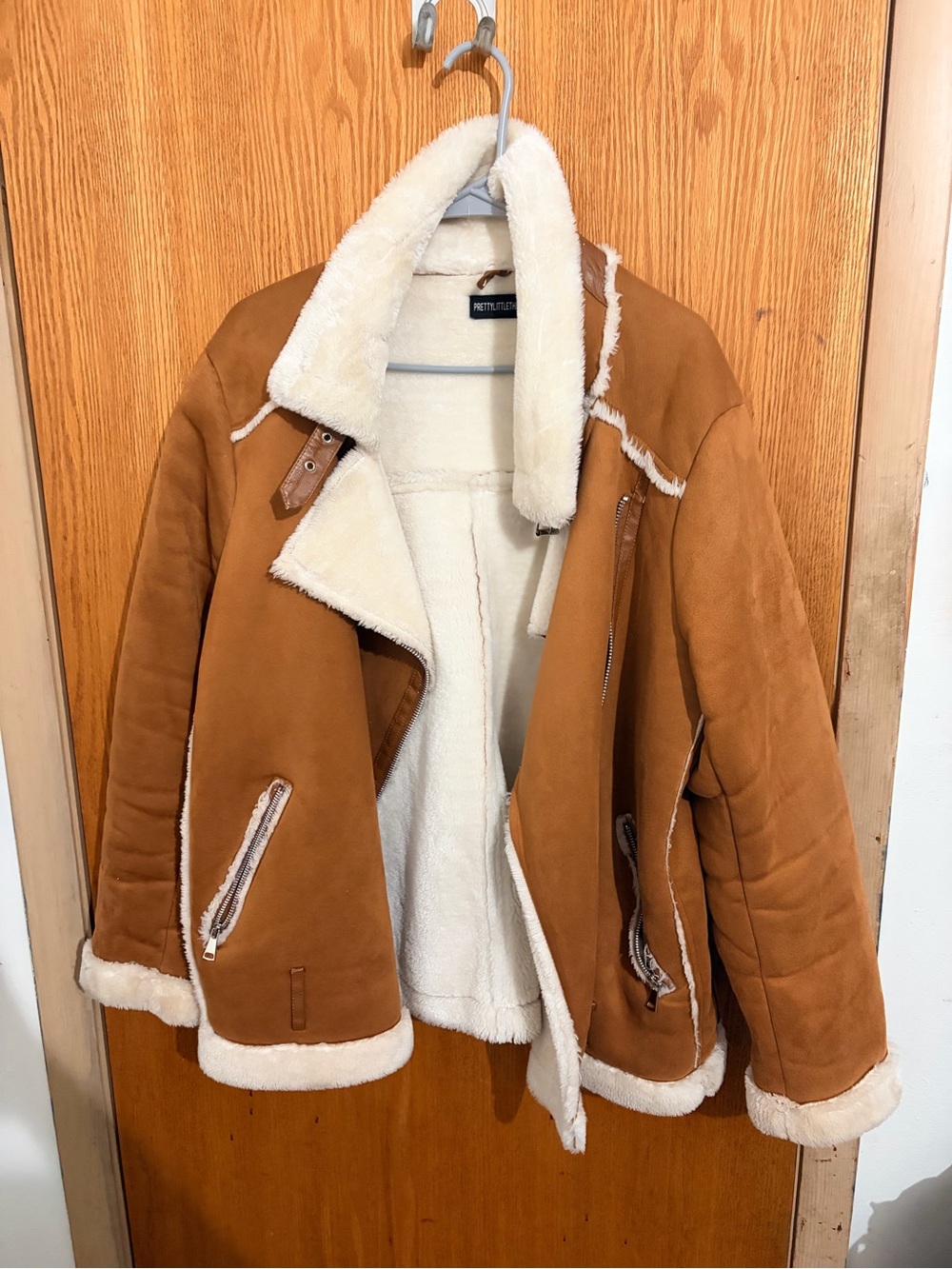 PrettyLittleThing Tan Suede-Look Shearling Jacket